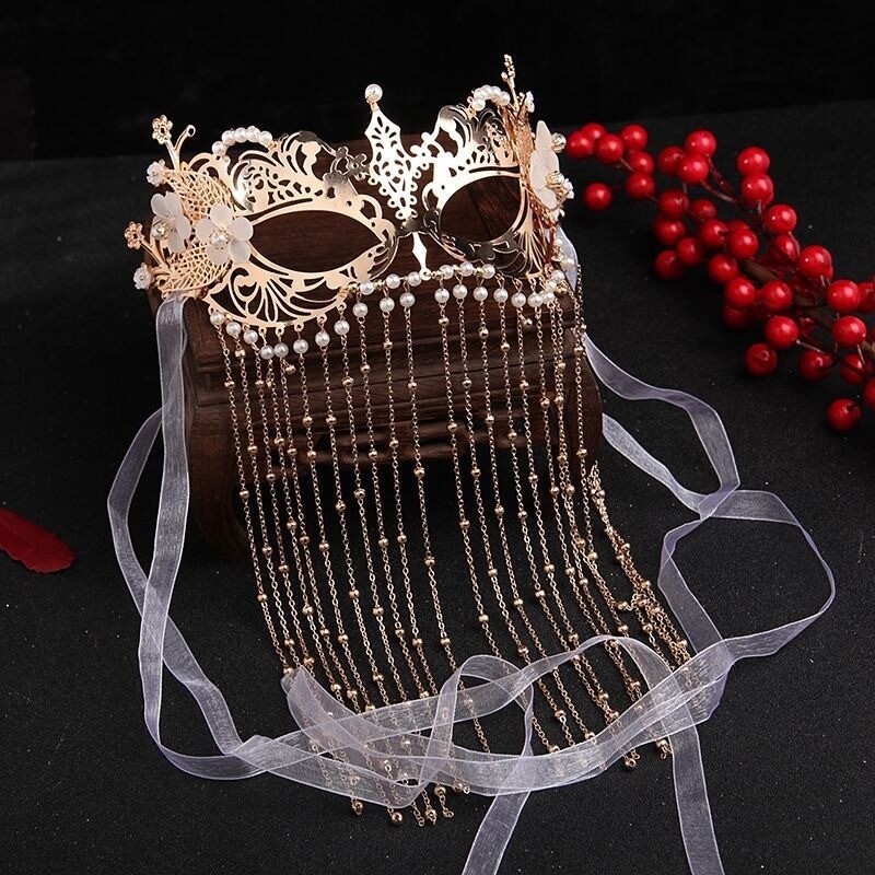 Lady Chinese Hanfu Mask Dancing Tassel Veil Ancient Headdress Face Curtain Decor