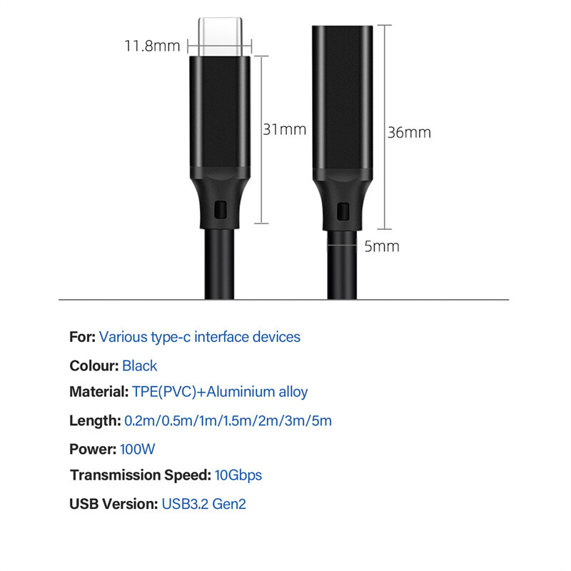 Heavy Duty USB C Male to Female Cable Type C Fast Charging Charger Cord PD 100W