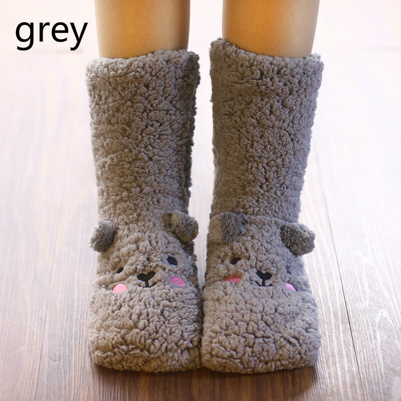 Ladies Bed Slippers Socks Coral Velvet Winter Girl Warm Fluffy Fleece Bear Cute