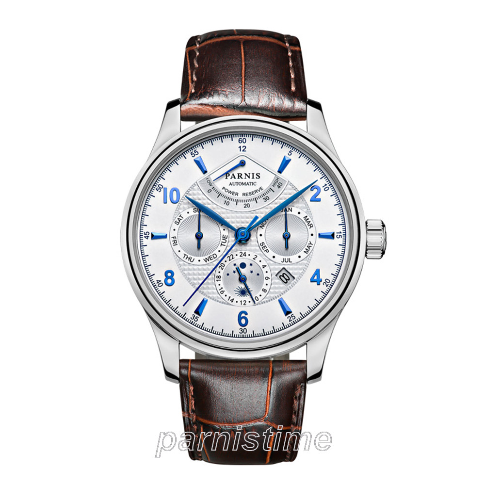 Pre-owned Parnis 43mm  Miyota Power Reserve Automatic Men's Watch Month Date Day 24-hours