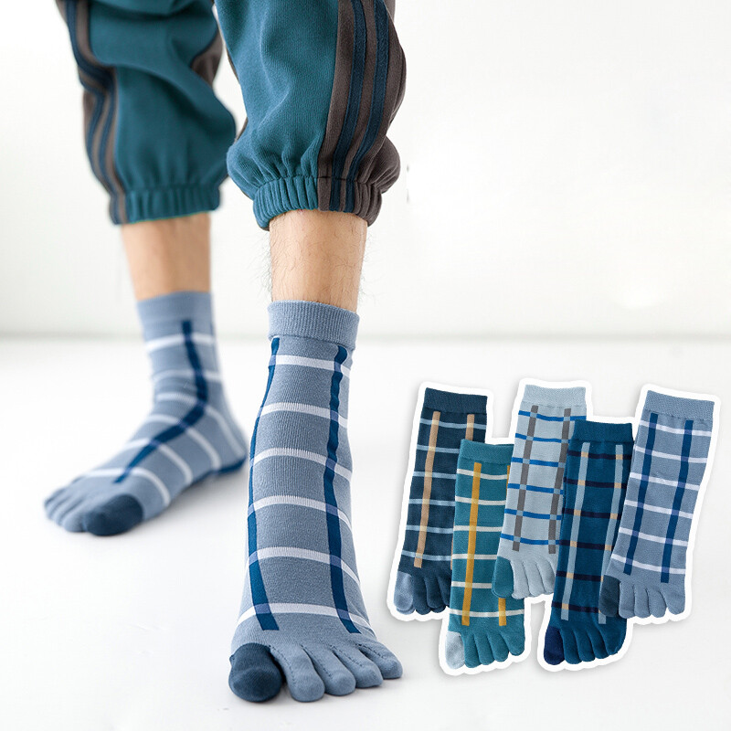 5 Paar Herren Baumwolle Zehensocken Fünf Finger Kariert Atmungsaktiv SPORTS