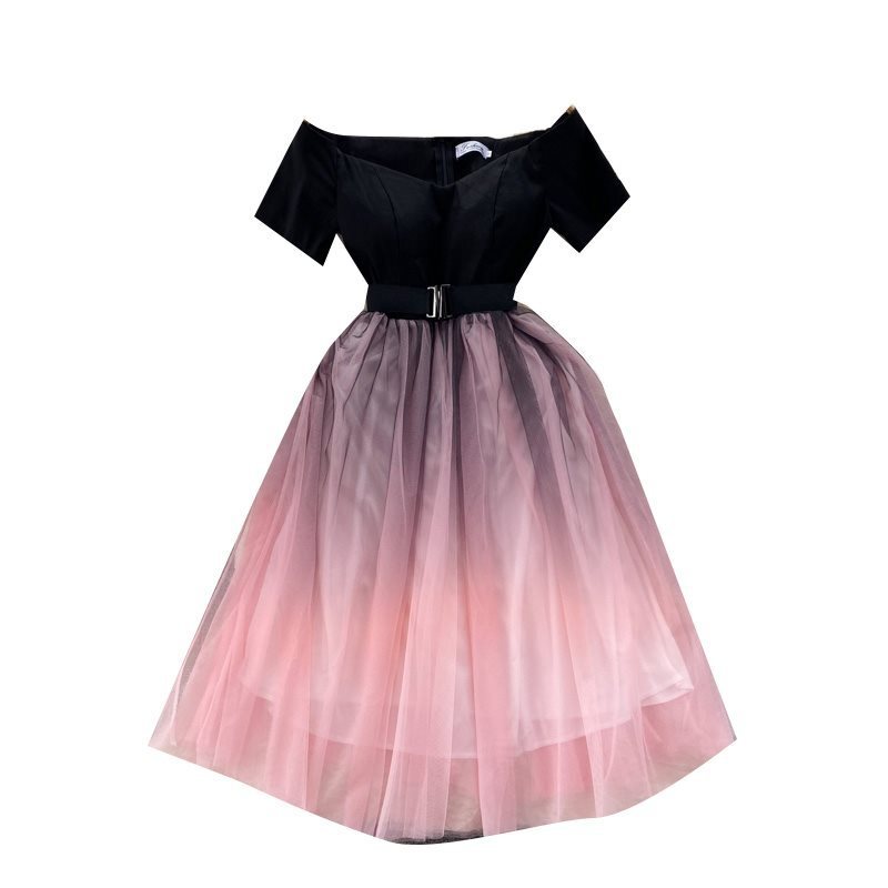 Damen Schulterfrei Netzkleid Gürtel Tunika Farbverlauf Farbe Fairy Ball Princess