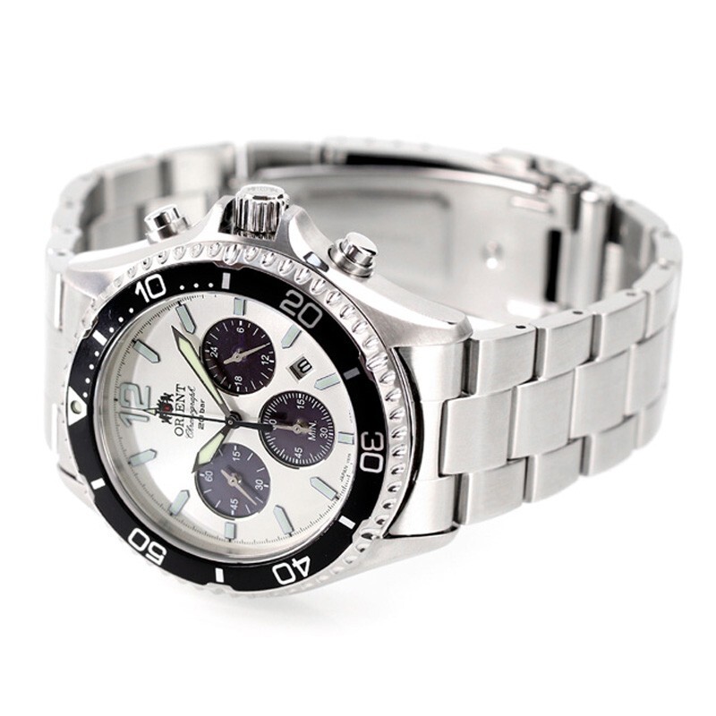 Pre-owned Orient Mako Rn-tx0203s Panda White Dial Solar Analog Chronograph Men Watch