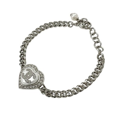 CHANEL Bracelet Bangle Cuff Silver Heart Rhinestone Coco