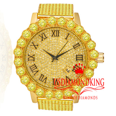 Pre-owned Usdiamondking Canary Mens Gold Tone Solitaire 10 Row Custom Band Roman Dail Lab Diamond Watch