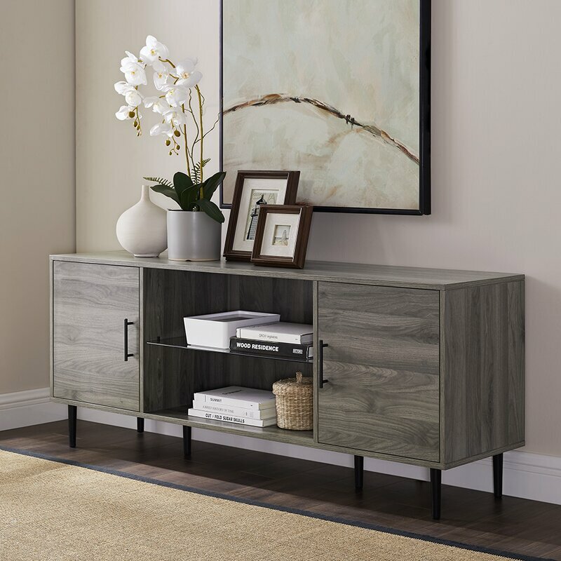 Entertainment Media Center Credenza 2 Door Modern Gray