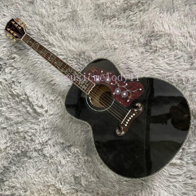 New Custom J-200 Black Solid Spruce Top Acoustic Guitar Real Abalone Shell Inlay