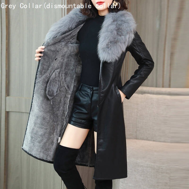 Lady Faux Fur Lining PU Leather Trench Coat Midi Winter Warm Outerwear Jacket
