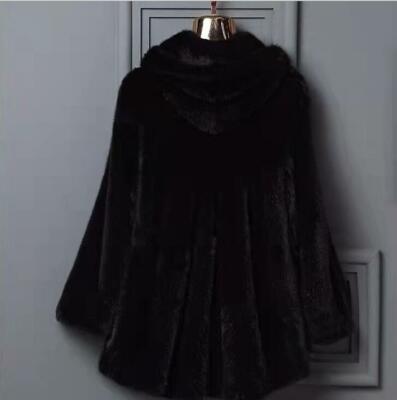 Women Mid Long Fleece Overcoats Outwear Coat Faux Mink Fur Hooded Parka Overcoat