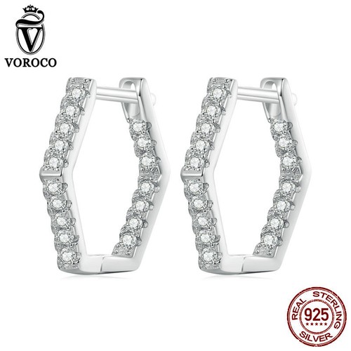 VOROCO 925 Sterling Silver Hexagonal Shining Hoop Earrings