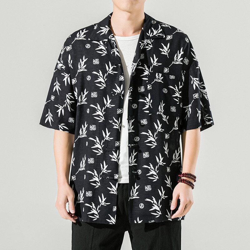 Mens Short Sleeve Leaf Pattern Shirt Frog Button Loose Ethnic Blouse Tops