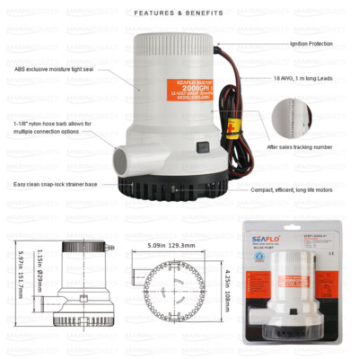 SEAFLO 12V 2000 GPH Bilge Pump Submersible Electric Boat Marine Water Automatic