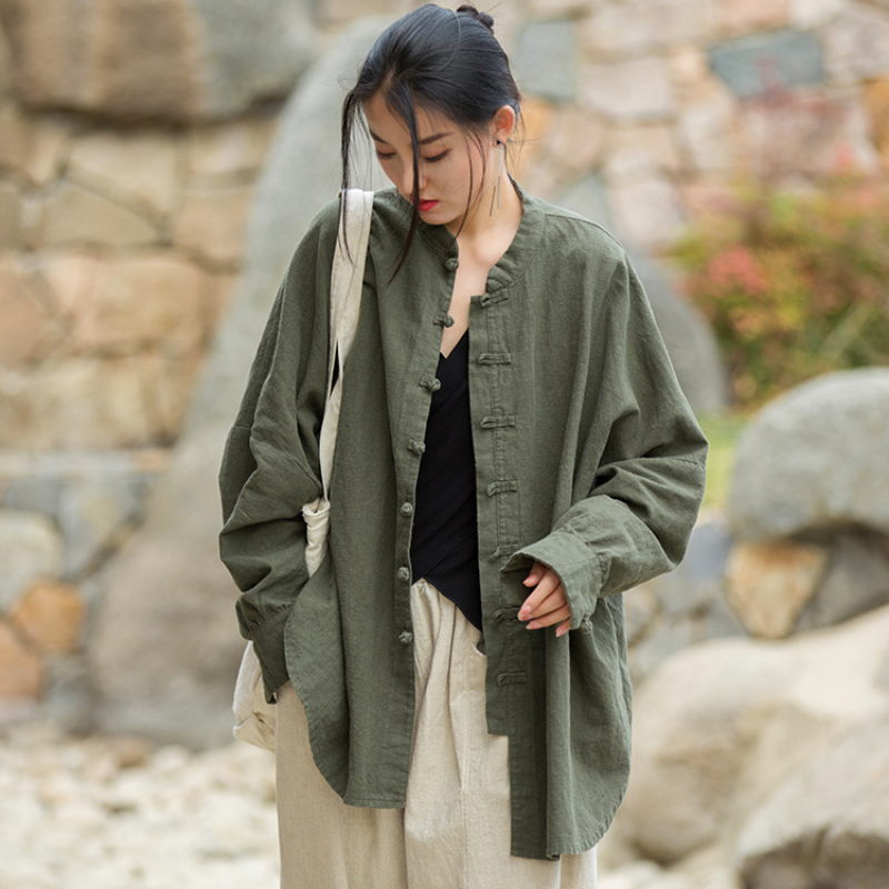 Oversize Donna Cotone Lino Camicia Blusa Cappotto Top Rana Bottoni Casual Rétro