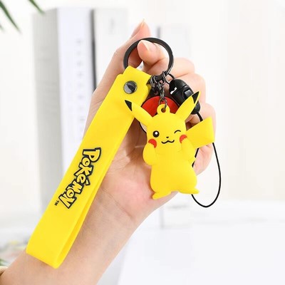 Pok é mon Playful Keychain Flat Hanging Rope Narrowing Eyes Smiling Pikachu, New