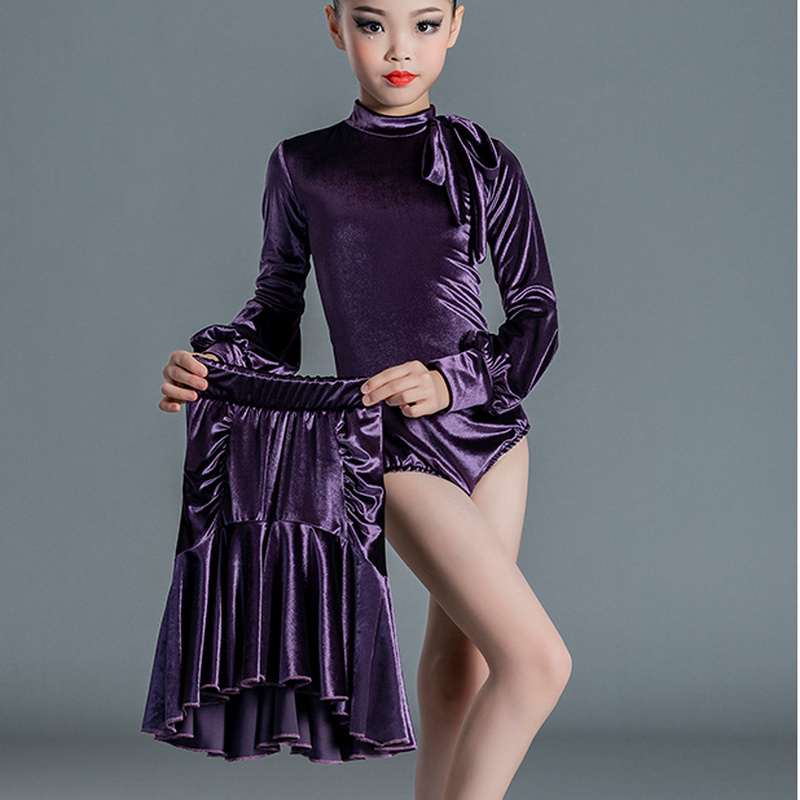 Girl Children Shiny Velvet Latin Dance Dress Fall Winter Dancewear Practice Soft