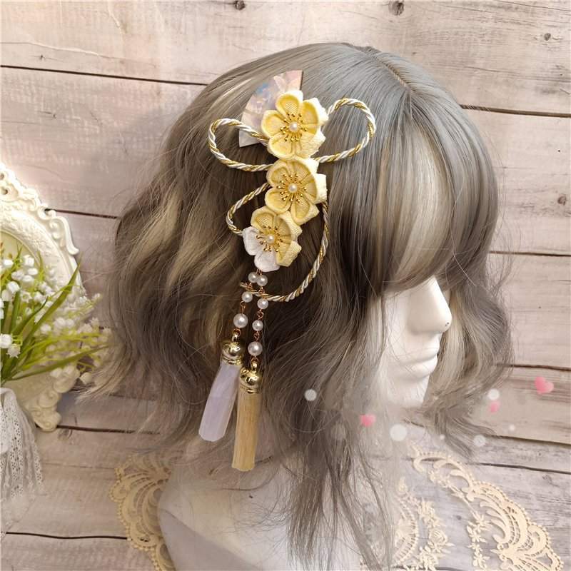Japanese Sakura Hair Stick Clip Fan Tassel Kimono Hairpin Handmade Cosplay Retro