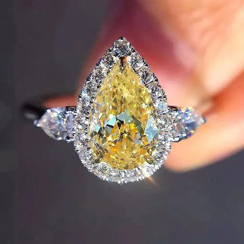 Women Fashion Silver Plated Teardrop Citrine Lab Diamond Wedding Engagement Ring for Women Natural Gemstones Jewelry Ring Size 6-10