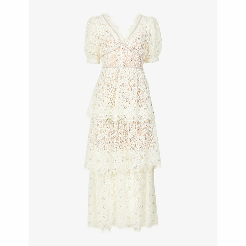 Pre-owned Self-portrait Self Portrait Cream Embellished Tiered Dress In Ivory