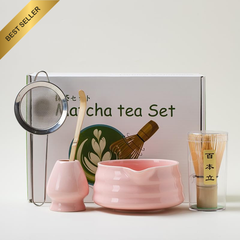 5PCS Matcha Set Matcha Bowl with Spout,Ceramic Whisk Holder,Matcha Whisk,Bamboo 
