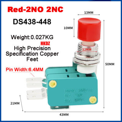 250V 16A SPDT NO NC Momentary Red/Green Cap Push Button Micro Switch DS438-448