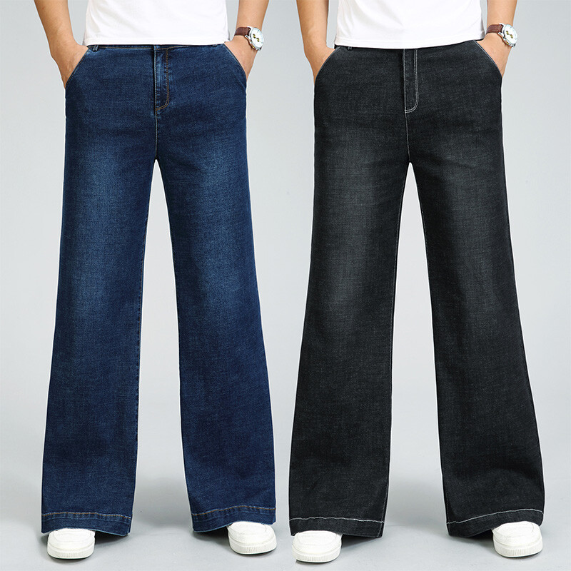 Men Loose Jeans Stretch Wide Leg Denim Pants Flared Trousers