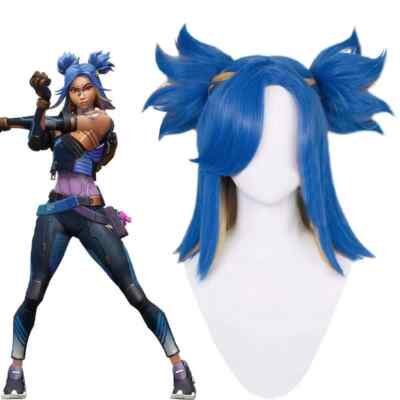 Valorant Neon Cosplay Wig Blue Mixed Yellow Fashion Straight Ponytail Hair