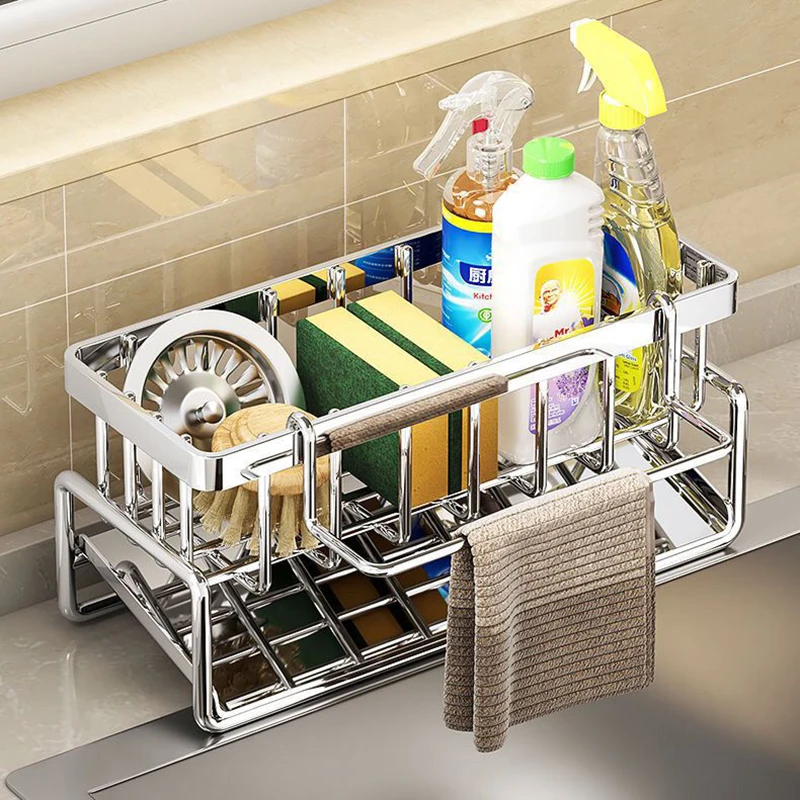 Kitchen Sink Caddy Storage Organizer Steel Sponge Soap Brush Holder Faucet Rack
