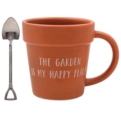 Terracotta Pot Shape Mug Gardener Coffee Cup w/ Spade Spoon Novelty Happy Place