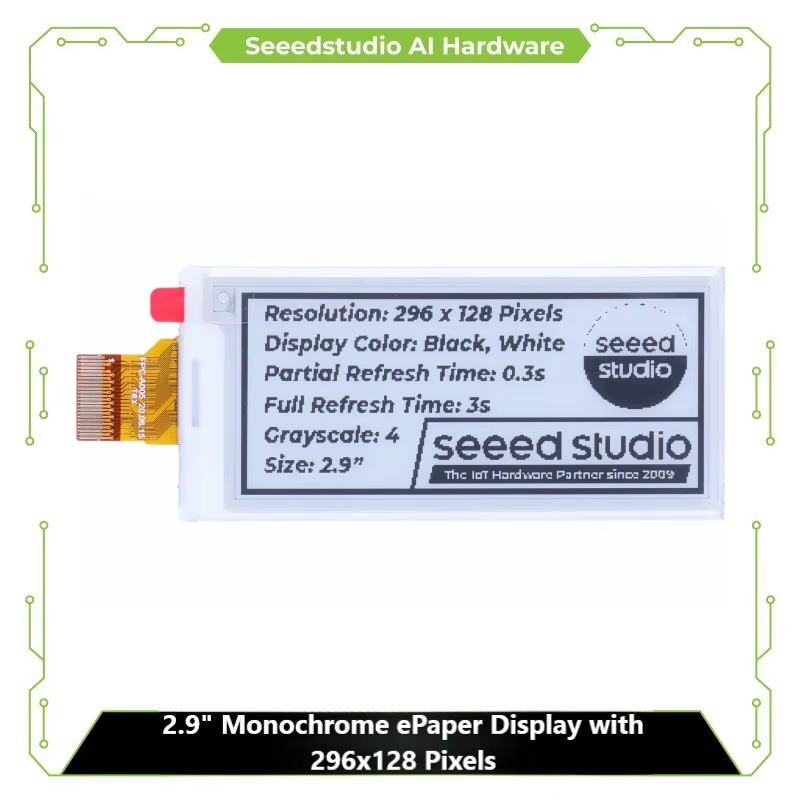 2.9 inch E-paper Display Monochrome eInk with 296x128 Pixels, SPI interface, Sup