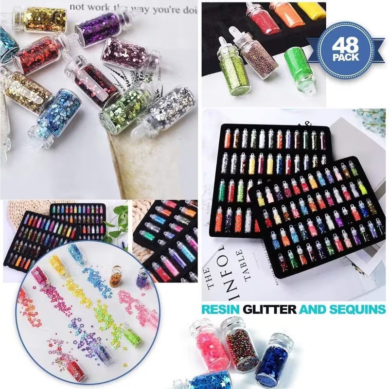 48 Bottles Nail Art Glitter Sequins Kit Multi-Colour Mixed Shapes Flakes Resin