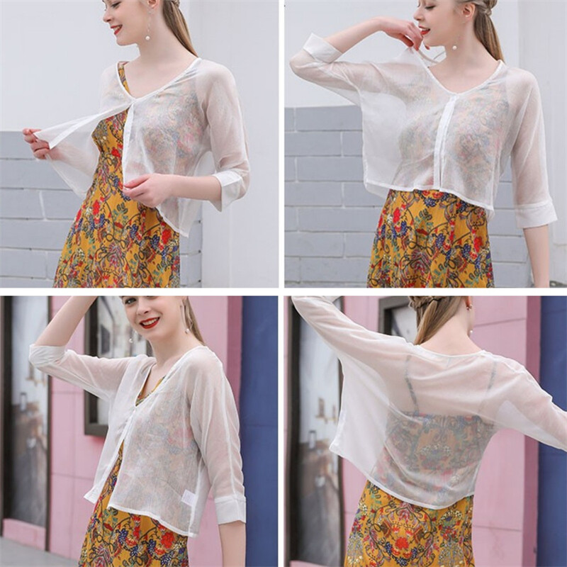 Trasparente Donna Chiffon Cardigan Giacca Corta Camicia Scialle Sole Estiva Da