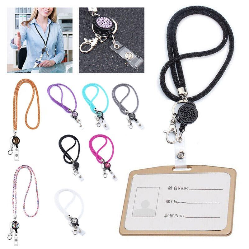 New ID Card Lanyard Strap Glitter Retractable Necklace Badge