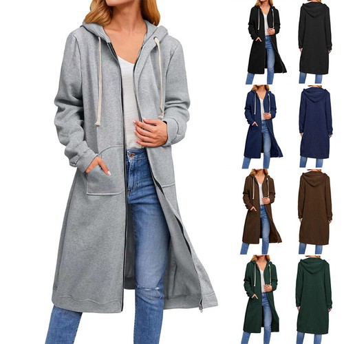 Women Long Hooded Zip Up Pocket Sweatshirt Coat Jacket Women Long Hooded Zip Up Pocket Sweatshirt Coat Jacket