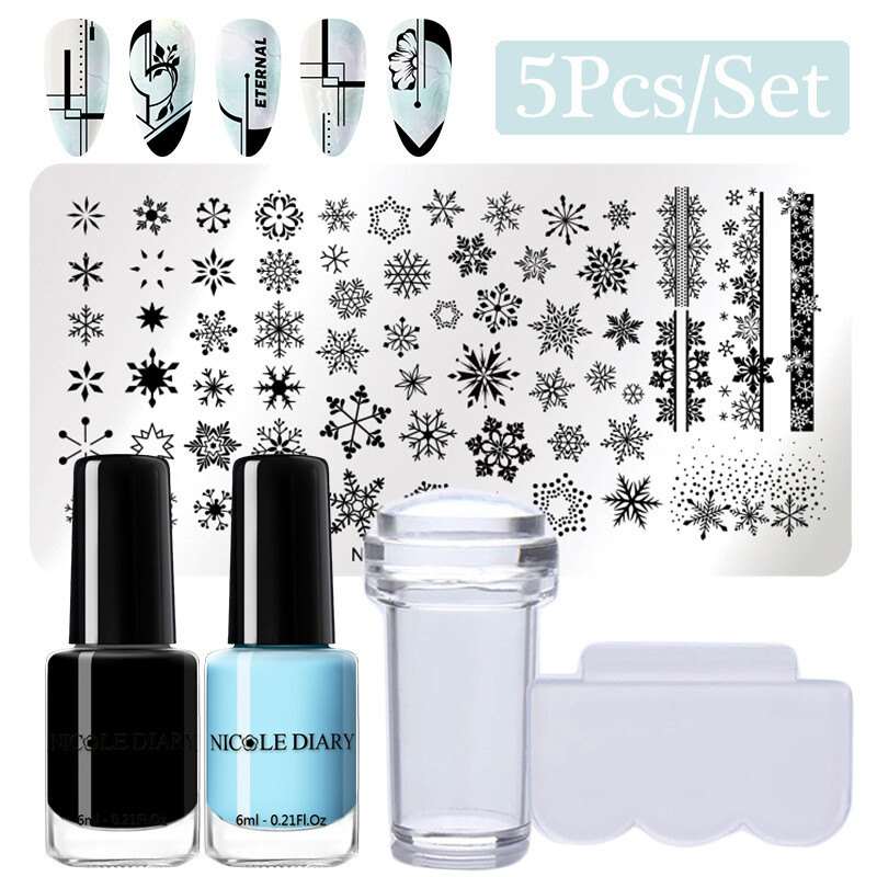 NICOLE DIARY 5Pcs Nail Stamping Plates Nail Polish with Nail Stamper Scraper Set