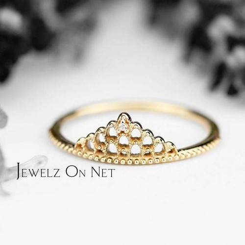 14K Gold 0.02 Ct Natural Diamond Crown Design Ring  Size-3 to 8 US-Jewelzofny