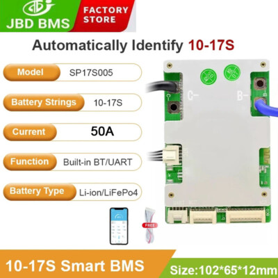 JBD Smart BMS 10S-17S 50A Li-ion Same Port w/Balance 36V 48V 60V Bluetooth UART