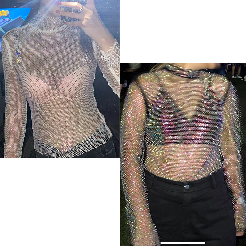 Donna Brillantini Rete Strass Velato a Top Diamante Dolcevita Camicia Camicetta