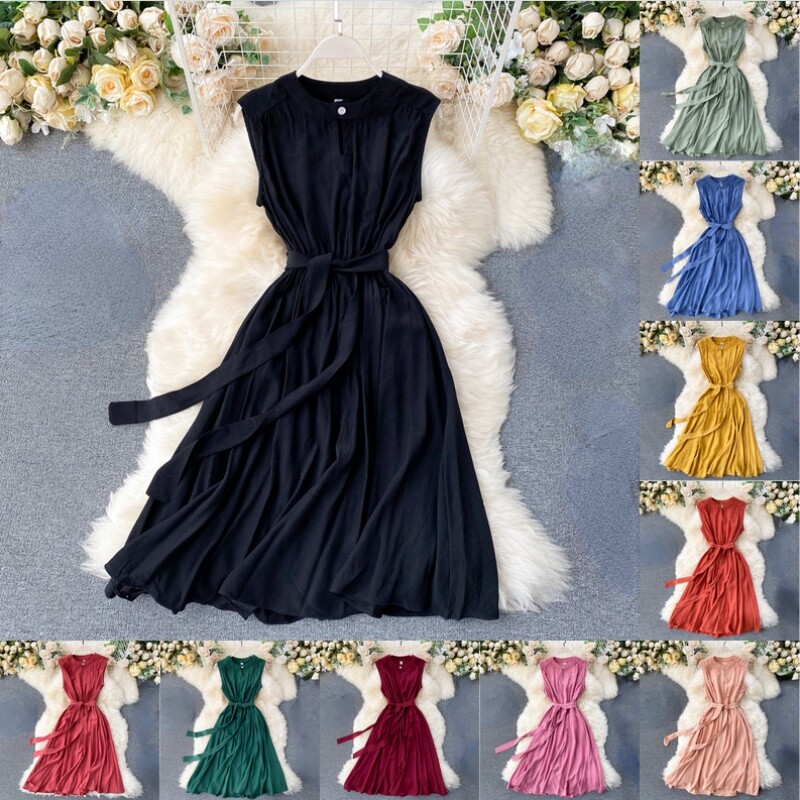 Robe Midi Débardeur Sans Manches Plissée Été Élégante Ceinture Femmes A-Line