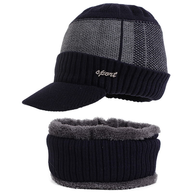 Hommes Chapeau Tricot Bonnet Visière Polaire Doublé Casquette Écharpe Thermique