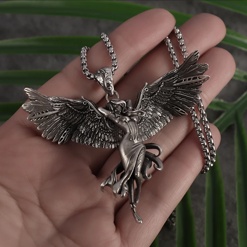 Ecstasy Angel Jewelry Vintage Silver Sexy Goddess Standing Pendant Necklace
