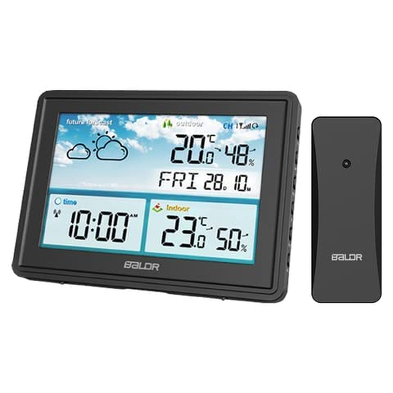 Weather Station Indoor Outdoor Thermometer Atomic Clock - Black