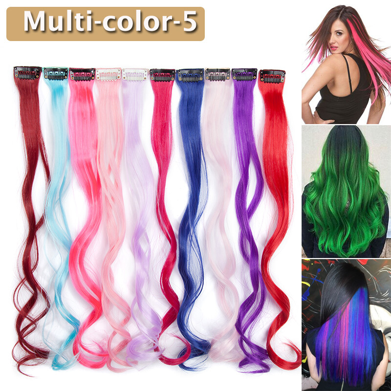 DIY 10 Pieces Highlight Streaks Clip In Rainbow Hair Extensions Coloured Braids