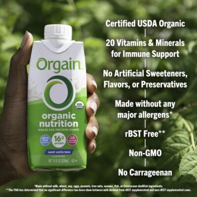 Orgain Organic Nutrition Shake, Grass Fed Protein, Vanilla Bean 11oz, 4ct