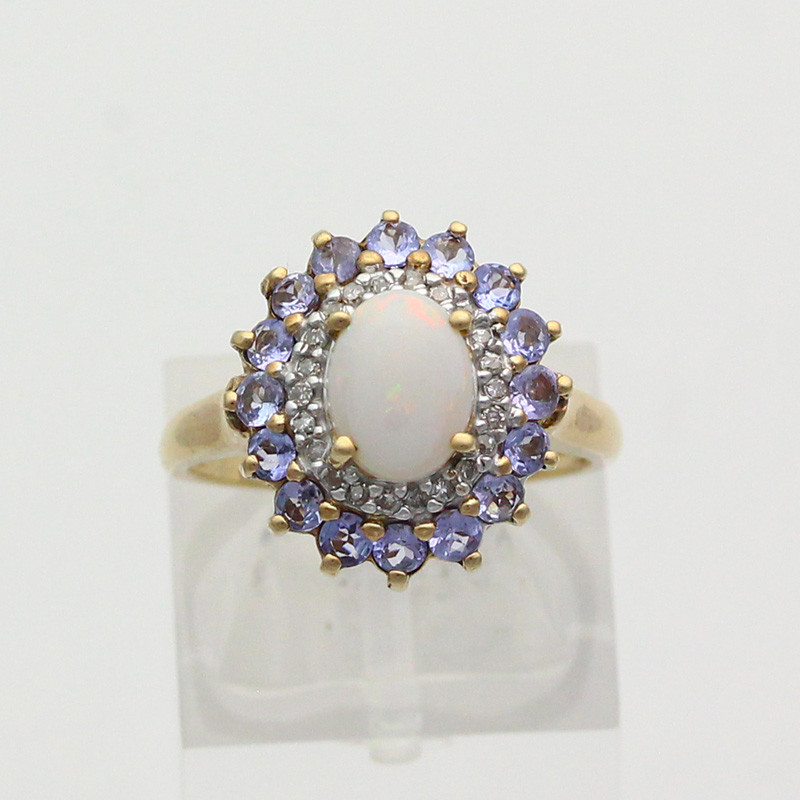 Unique 10k Yellow Gold Opal, Tanzanite & Diamond Ring - Size 7