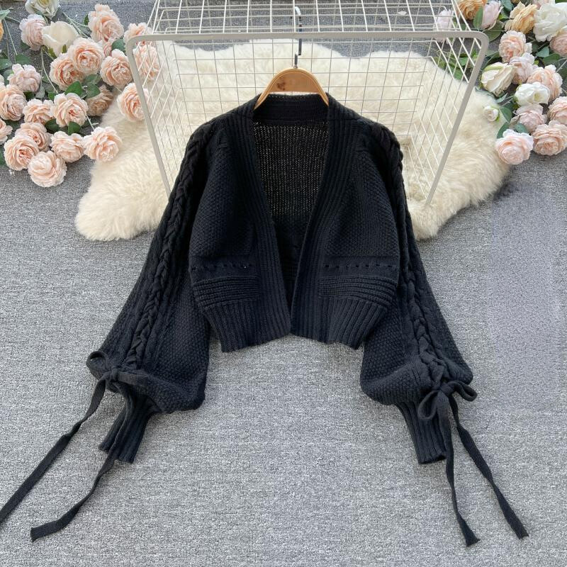 Donna Maglia Maglione Cardigan Cappotto Corto Maglia Top Puff Maniche Pizzo Moda