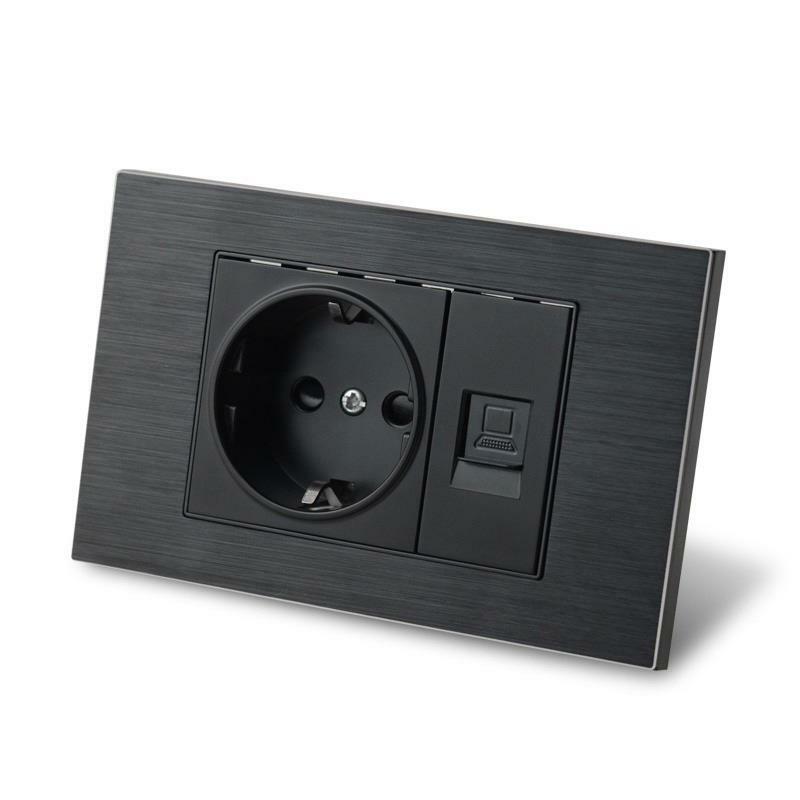 Wall Double Socket Black Metal Plug Electrical Outlet 16A EU USB Data RJ45 TV