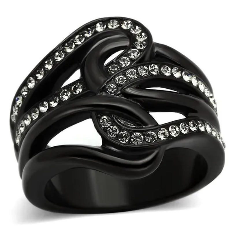 Women IP Black Stainless Steel Ring with Top Grade Crystal in Black Diamond - Size 7