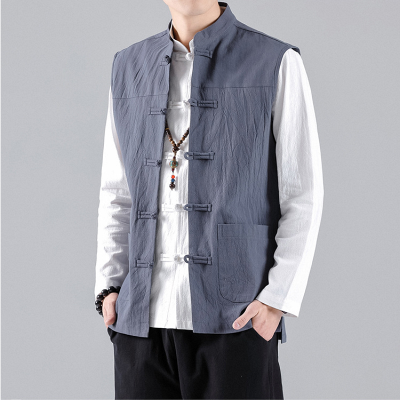 Herren Weste Leinen Baumwolle Frosch Knöpfe Jacke Freizeit Retro Tang Anzug Top