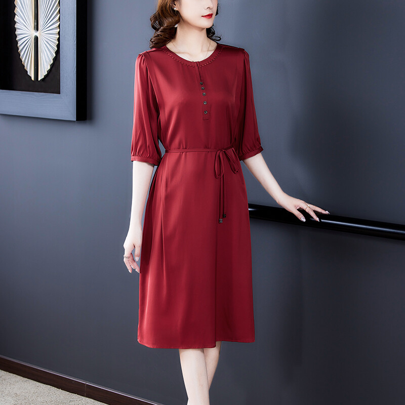 Donna Midi Abito Raso Finta Seta Mezza Manica Allacciate Bottoni Affari Elegant