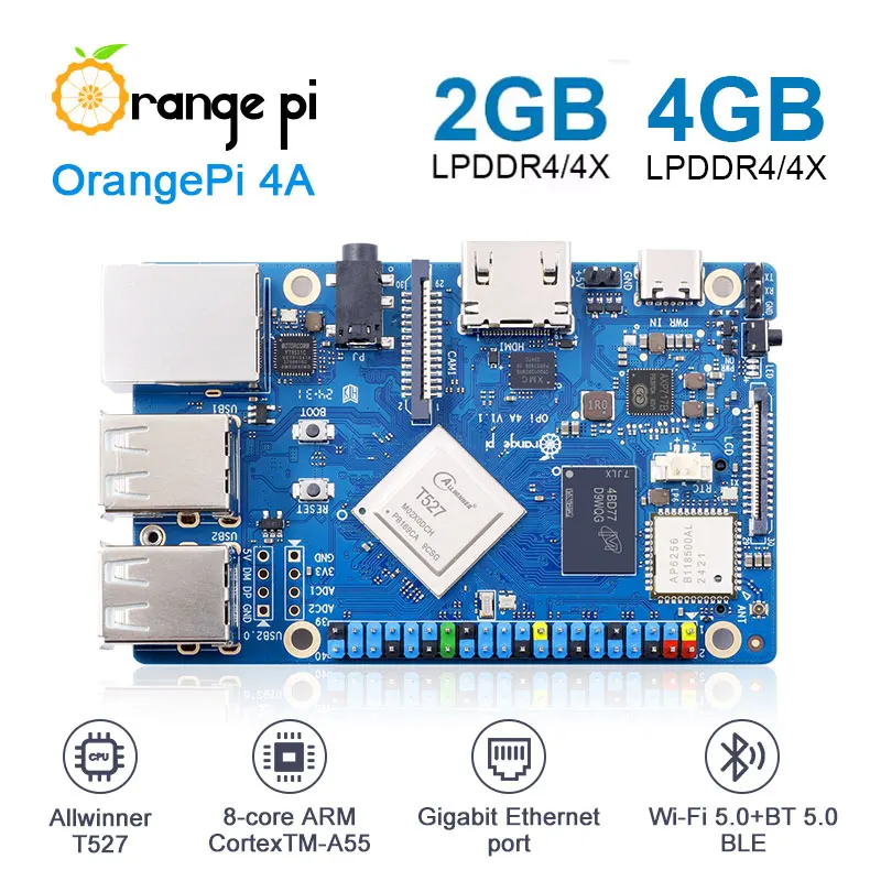 Orange Pi 4A Mini PC - SoC, 2GB/4GB RAM, WiFi 6/BT 5.0, M.2 NVMe, 2TOPS NPU, Ub
